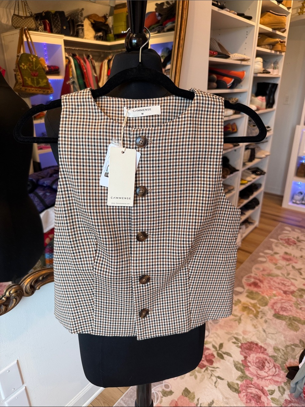 Commense Brown & White Houndstooth Button Front Vest